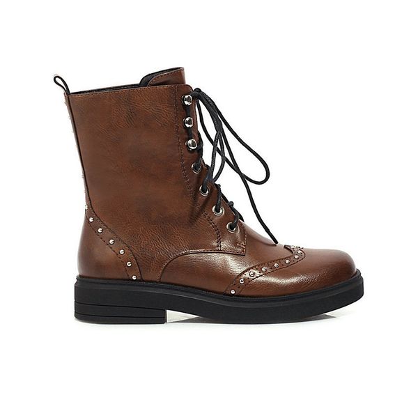 

2021 new round toe crystal ankle pu leather lace up women shoes autumn winter square heel short boots big size 34-43 6web, Black