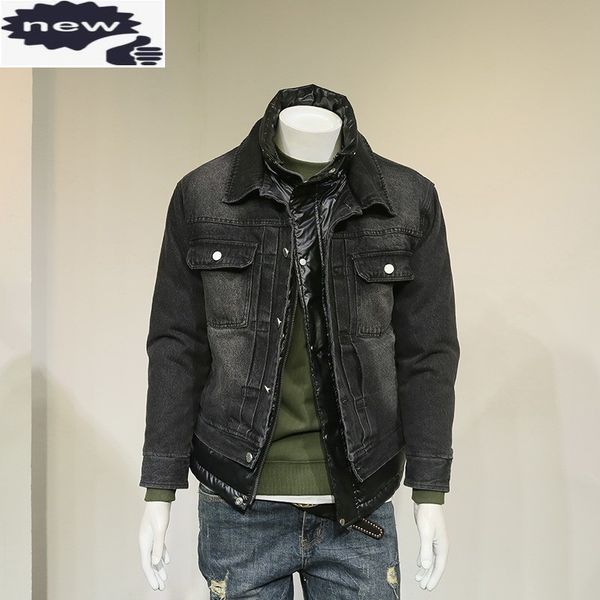 

luxury fashion short men down coats stand collar spliced denim removable hat zipper fake two piece high street jackets winter q1215, Black