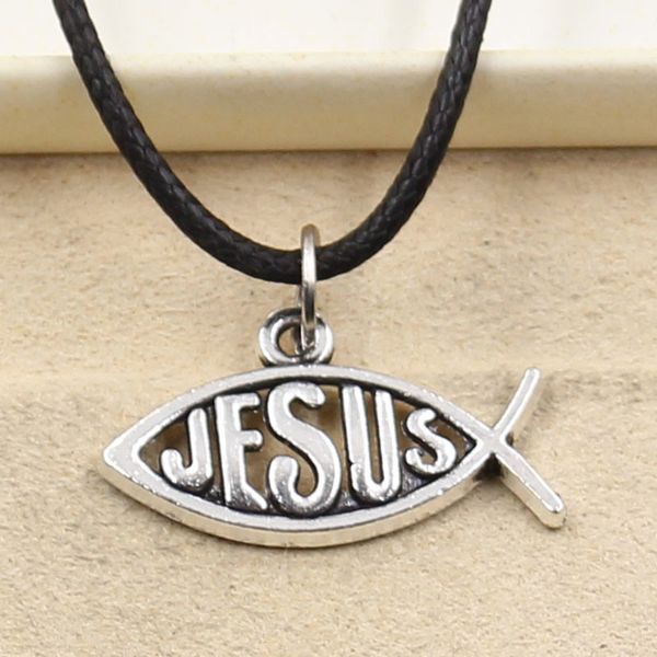 

tibetan silver color pendant fish jesus necklace choker charm black leather cord factory price handmade jewelry rqet