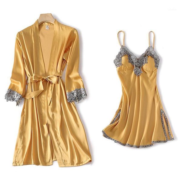 

women's sleepwear yellow lady 2pcs robe gown sets lace flower side split rayon kimono bathrobe strap sleepdress loose spring bath b, Black;red