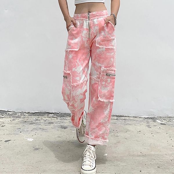 

tie dye print straight leg jeans woman high waist with pockets fall 2021 streetwear zip up jean trousers denim pants, Blue