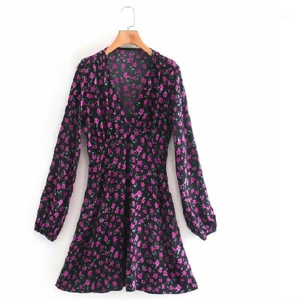 

autumn winter new purple party long sleeve retro mini dress for women's fashion floral print wrap v-neck dress vintage1, Black;gray
