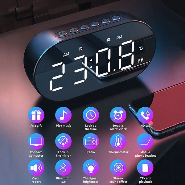 5.0 Bluetooth Stereo Speaker Baixo Digital Despertador LED Espelho Espelho Display FM Rádio Sem Fio Música Player Table Clock 201119