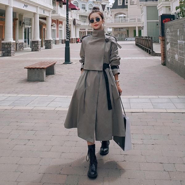 

2021 new female windbreaker20spring spring new long british style fashion korean contrast loose solid lapel trench coat female2a xxxv, Black;brown