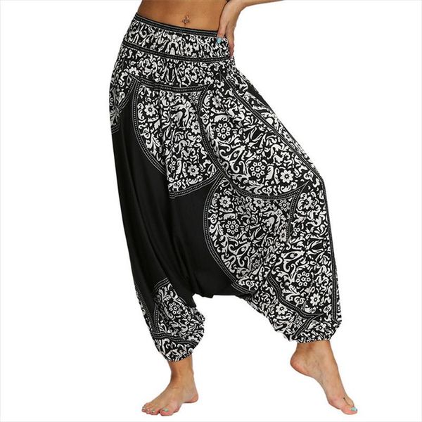 

sarouel pantalons boho harem pants women ethnic print summer hippie trousers elastic high waist pleated lantern sport pants, Black;white