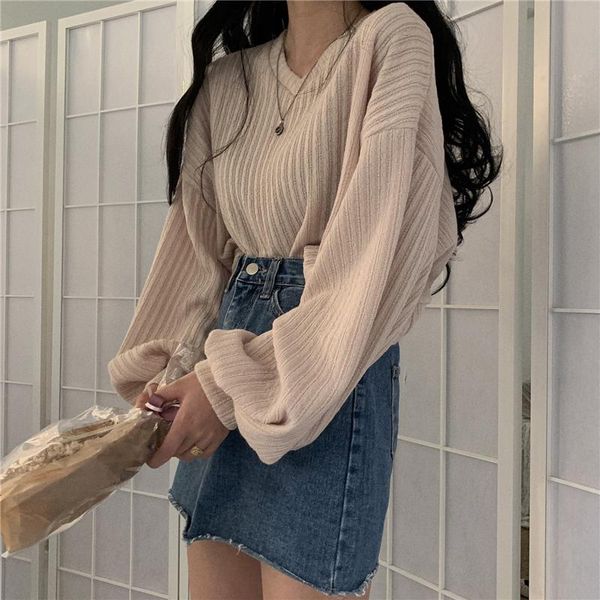 

new v neck lantern long sleeve knit pullover sweater women retro loose fashion short mutlicolor pull femme autumn spring, White;black