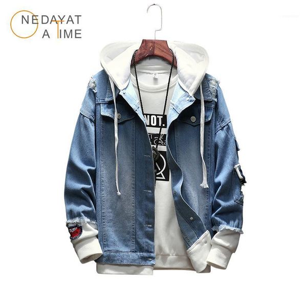 

men denim jacket fake two pieces patchwork denim hooded jacket hip hop streetwear fashion men motorcycle1, Black;brown