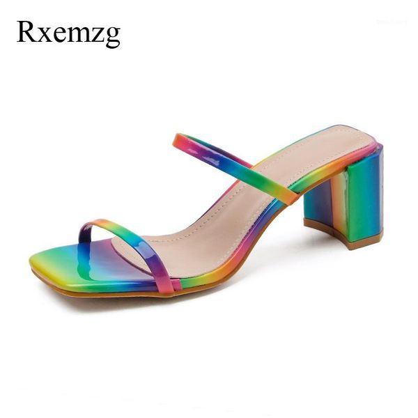 

rxemzg new fashion high heels women mules sandals peep toe square heels mixed colors pumps summer party shoes woman slipper1, Black