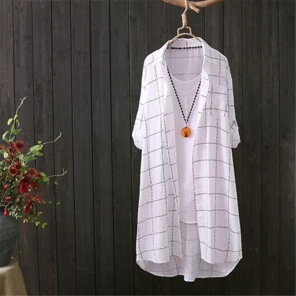 

plus size long plaid blouse shirt 2020 spring button down linen women female casual long sleeve shirt women work blusas, White