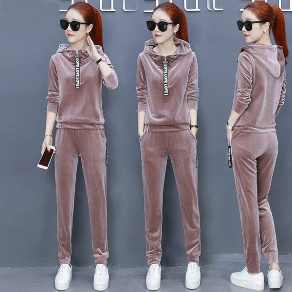 

2 parts velet hoodies men's suits new clothes ladies solid set women's suit pants women l7e6, Gray
