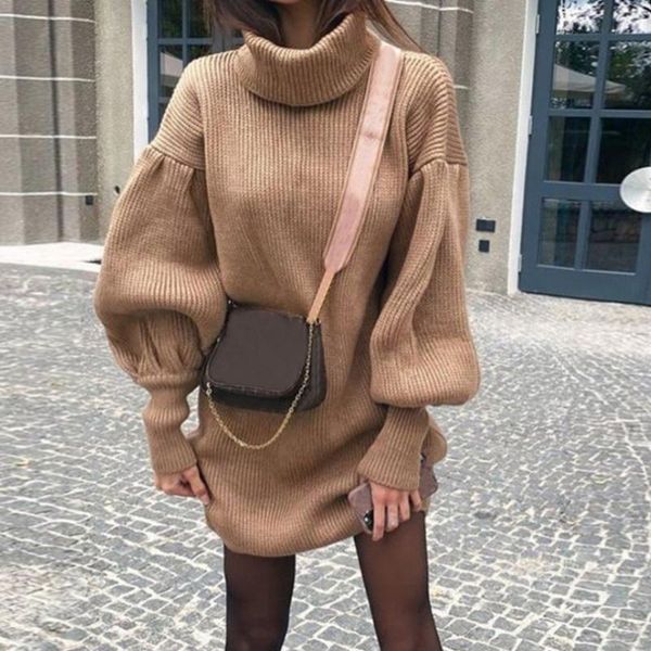 

turtleneck warm women sweater dress wrap mini vintage lantern sleeve autumn casual solid knitted winter dress 2020, Black;gray