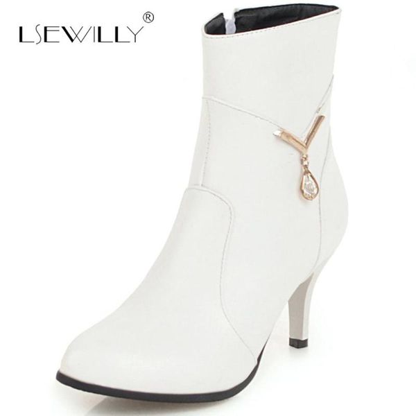 

boots lsewilly women shoes pointed toe zipper ankle thin high heels short plush winter woman plus size 32-48 s804, Black