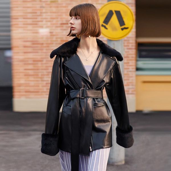 

women's leather & faux ael loose jacket women classic moto biker spring autumn lady basic coat outerwear, Black