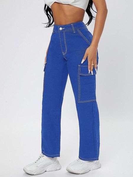 

petite high waist straight leg cargo jeans m6b3#, Blue