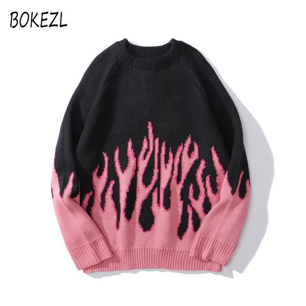 

hip hop mens streetwear harajuku knitted sweater blue fire flame 2020 autumn sweater pullover loose hiphop retro vintage cotton, White;black