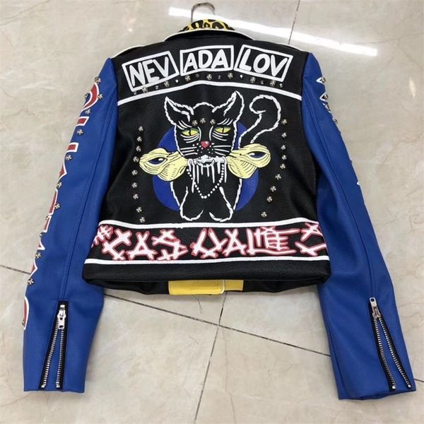 

fashion rivet beading leather jacket locomotive graffiti cartoon pu leather jacket female punk motorcyle jackets with belt f2122 201020, Black