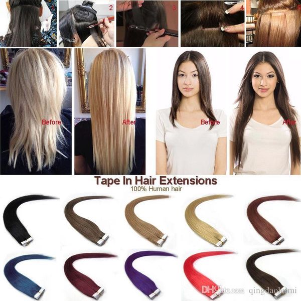 

brazilian straight tape in hair extensions virgin hair 20pcs pu skin weft unprocessed human hair weaves, Black