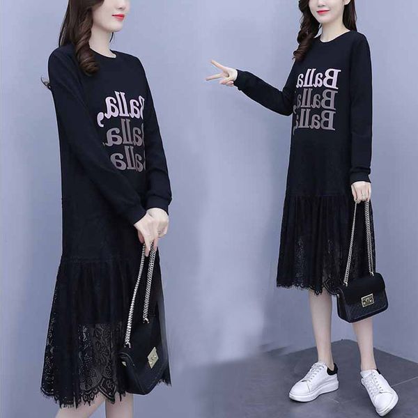 

show thin lace splicing dress 2020 large size bottoming temperament long skirt autumn winter plush sweater foreign style, Black