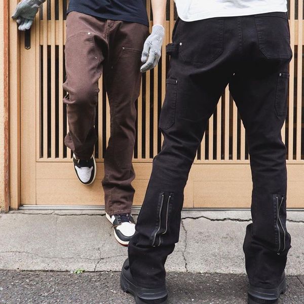 

men's jeans back ankle zipper spliced straight flare pants mens high street washed retro loose casual hip hop denim trousers, Blue
