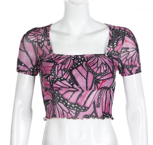 

women's t-shirt summer women's mesh butterfly print slim short t-shirt1, White