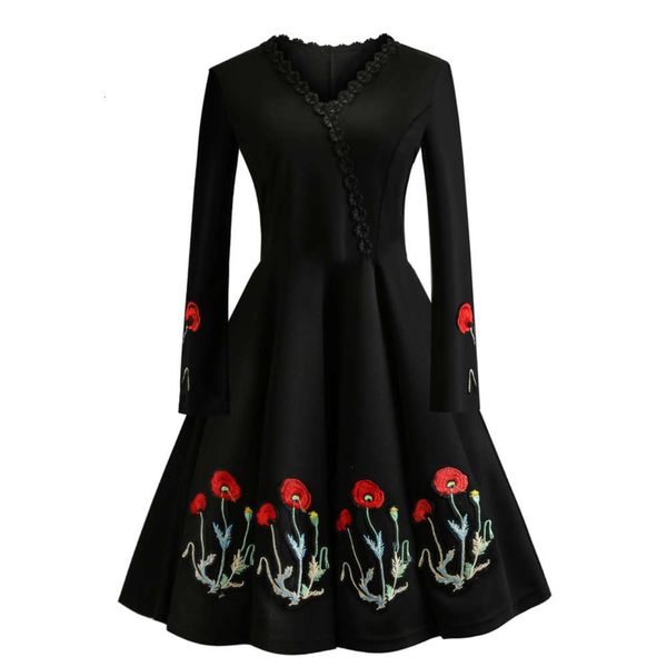 

dress sleeve women's new hepburn print long medium length, Black;gray