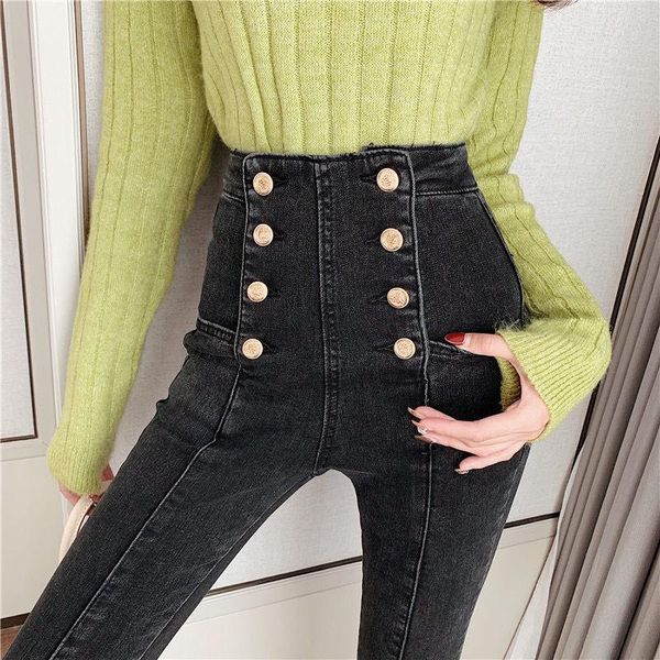 

dark grey jeans design double-breasted street fashion high waist elastic slim leggings cropped pencil pants women 2021 new s200, Blue