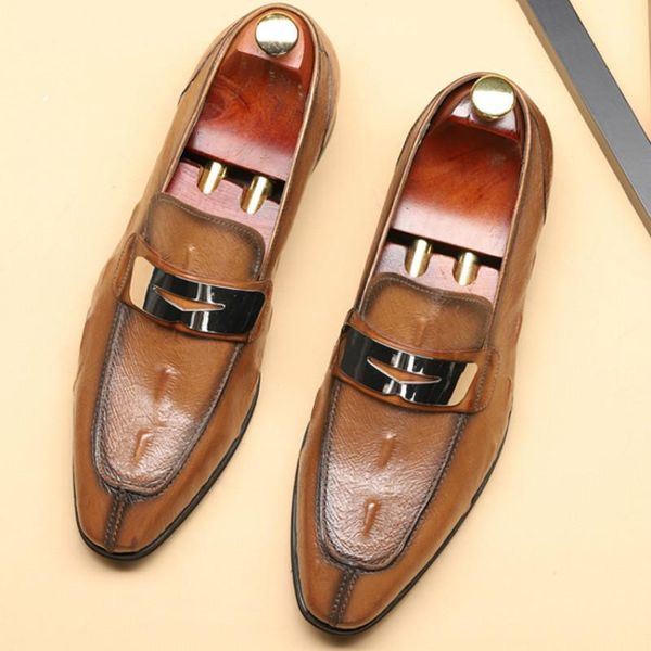

luxury mens dress shoes crocodile print brown genuine leather double buckles business office formal slip on shoes men's loafers1, Black