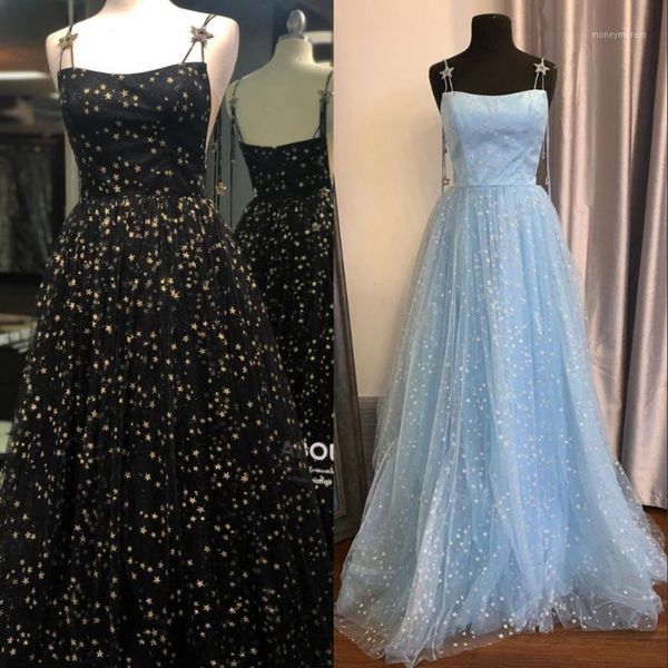 

party dresses sparkle prom dress 2021 a-line long white formal pageant gowns sequin stars spaghetti zip back sleeveless1, White;black