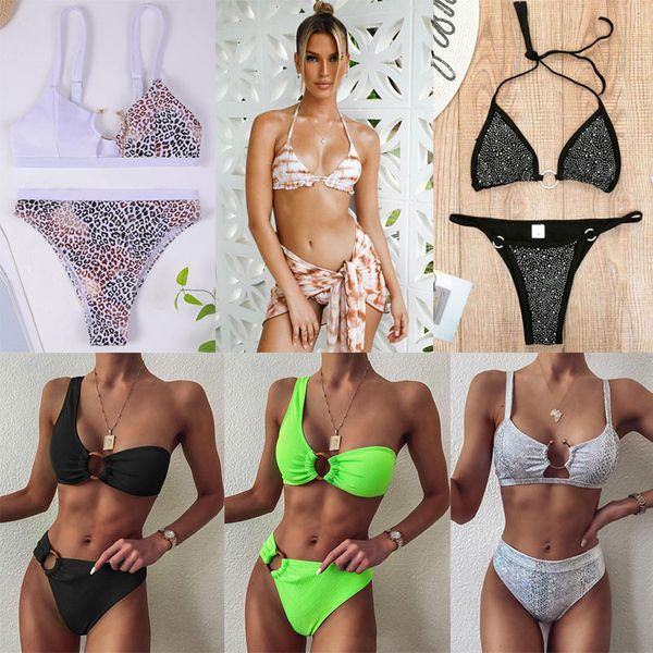 

buy one,get one newsale womens split swimsuit snake triangle cup leopard print bikini diamond strap swimwear three-piece set
