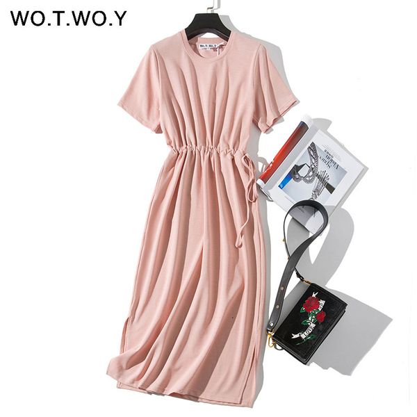 

wotwoy long t-shirt dresses women summer sashes waist slit casual o-neck short sleeve loose ankle-length dress woman pink cotton y200326, Black;gray
