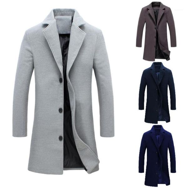 

fashion men winter solid color long woolen coat single breasted jacket warm overcoat1, Black