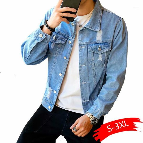 

men's denim jacket hip hop retro denim jacket street casual pilot harajuku fashion hole slim buttoned sky blue men's1, Black;brown