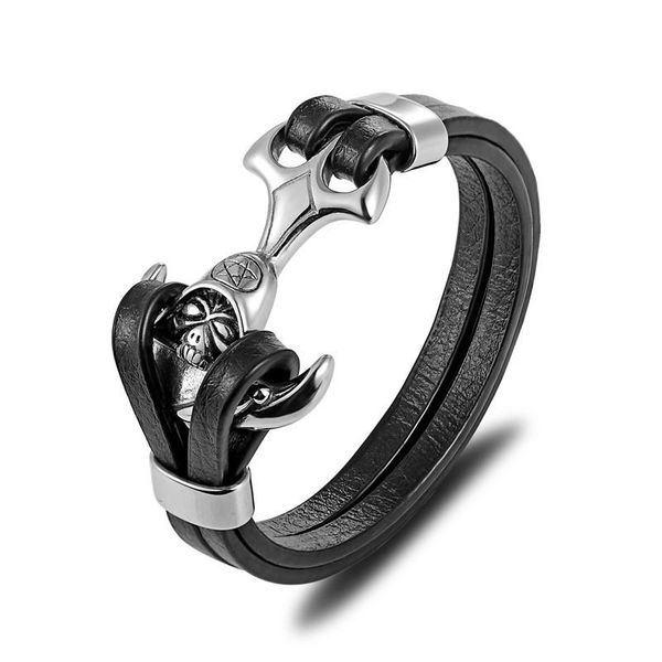 

mkendn punk men jewelry black genuine anchor leather bracelet skull stainless steel magnetic clasp fashion bangles bbyxda
