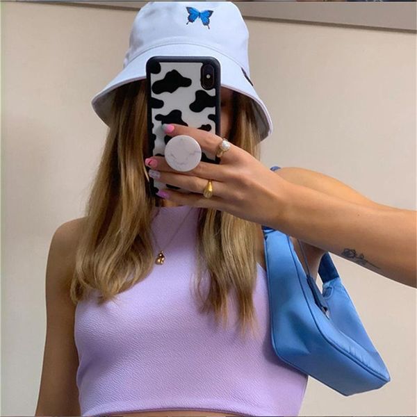 

women fashion printed fishman hat casual sunproof wide brim white bucket cap foldable beach street headwear, Blue;gray