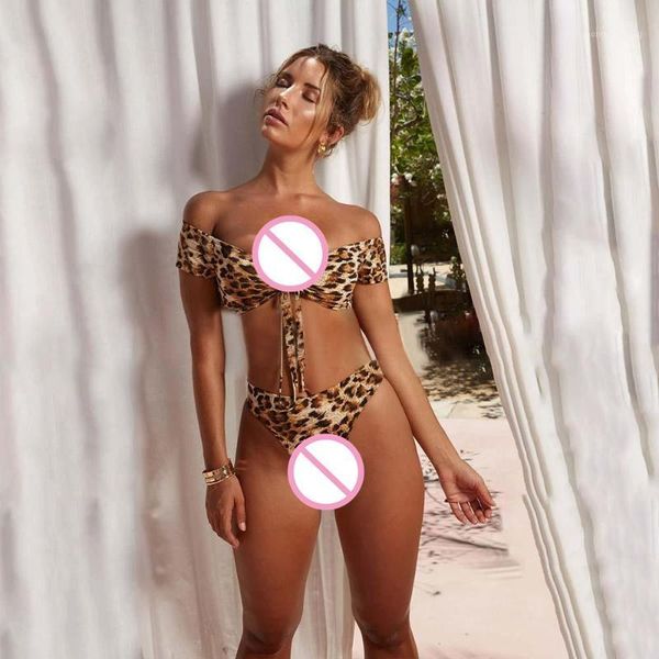 

summer leopard swimwear women two pieces leopard print knot front off-shoulder bikini set high waist bathing suit1, White;black