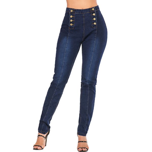 

jeans trend double breasted perforated stretch pants, Blue