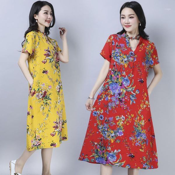 

2018 new style cotton linen loose and plus-sized women's dress short sleeve floral printed dress dm20211, White;black