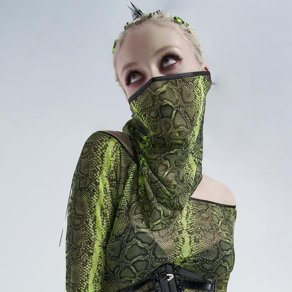 

punkrave women's punk fluorescent serpentine printed triangular scarf perspective water-light-sensing knit tie cosplay facecloth, Blue;gray