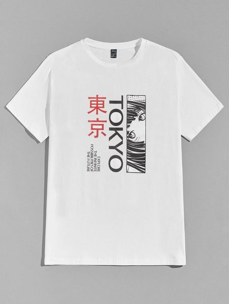 

men japanese letter & figure graphic tee h407#, White;black