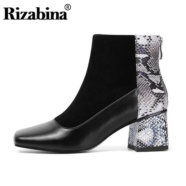 

boots rizabina women real leather mixed colors fashion ankle zipper snakeskin lady short office botas size 33-43, Black