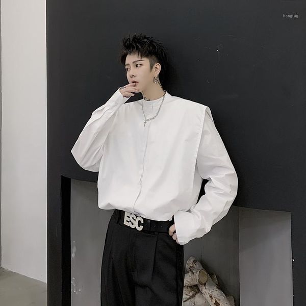 

male japan streetwear fashion loose dress shirt stage clothing men white stand collar wide shoulder long sleeve casual shirt1, White;black