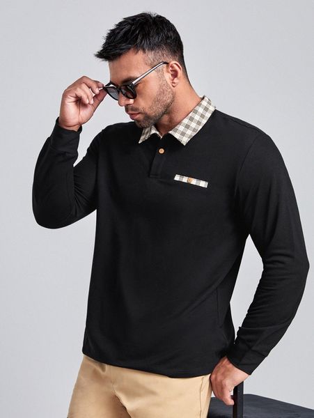 

extended sizes men plaid paneled polo shirt y4jw#, White;black