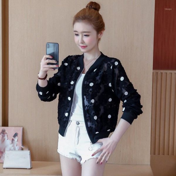 

fashion 2019 korean slim baseball short jacket summer casual white thin women's bomber jacket dot sunscreen cardigan1, Black;brown