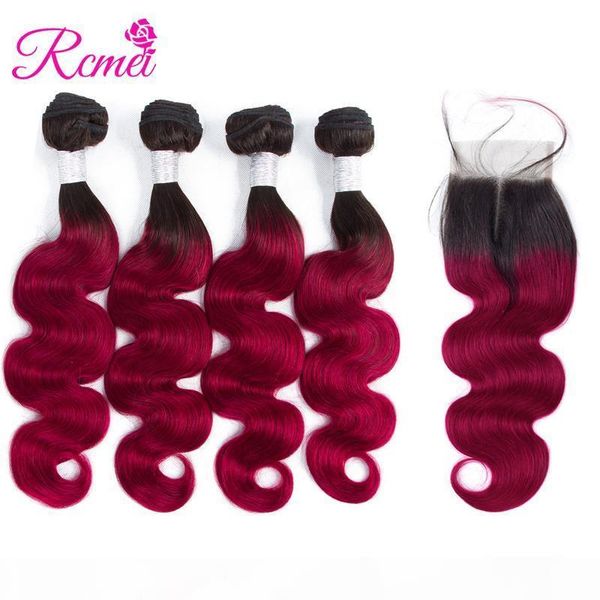

rcmei selling burgundy colored hair brazilian body wave bundles with closure ombre 1b burgundy 2 tone color 4 bundle with lace closure, Black;brown