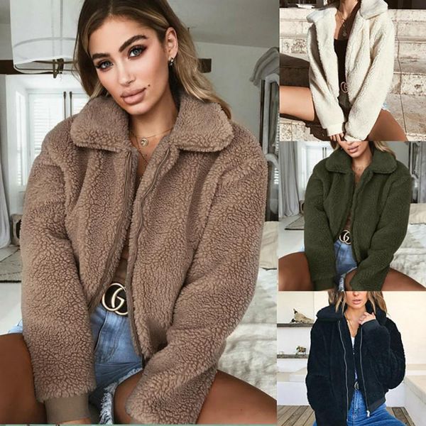 

2019 autumn winter ladies jackets long sleeve thicken warm outerwear womens pocket zipper lapel artificial lamb down loose coat1, Black;brown