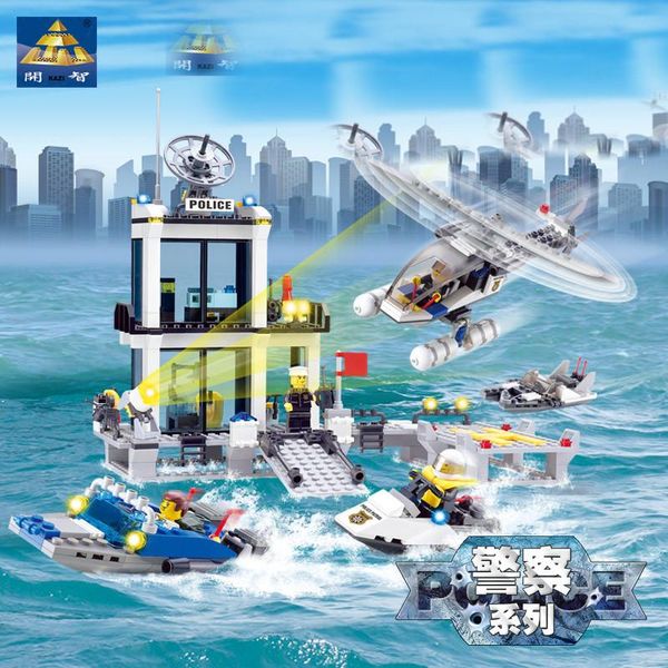 

city police station building blocks sets helicopter boat model figures bricks toy kids diy creator educational assembled boys toys 01