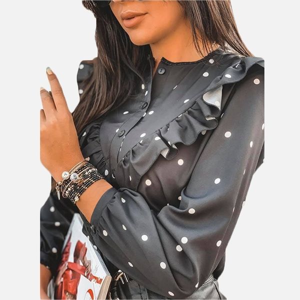 

ruffle polka dot print women's blouse o-neck buttons long sleeve blouses female spring summer casual shirt lady clothes y200422, White