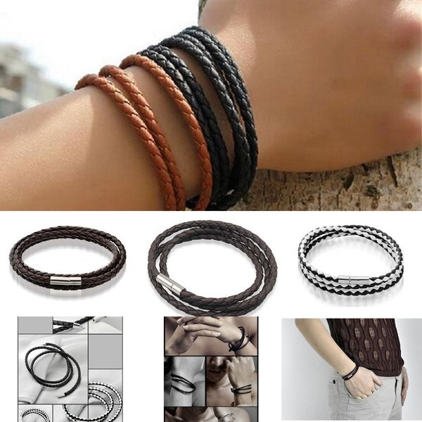 

factoryn6lsstainless mens leather bangle bracelets magnetic black/brown mesh steel clasp double wrap wristband beautiful titanium b