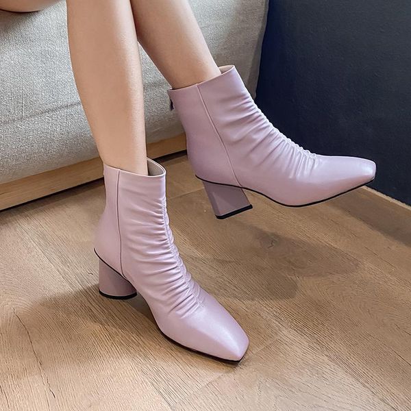 

women pleated boots genuine leather 2021 autumn winter zipper high heels ankle boots party casual shoes woman, Black