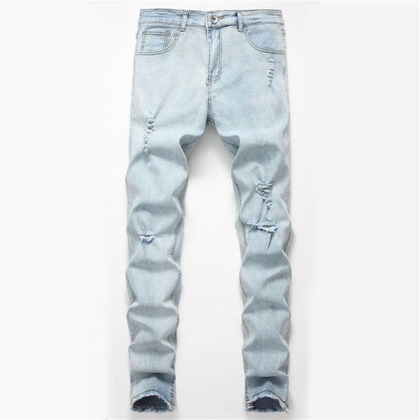 

clothing mens designer jeans hole fashion zipper distressed mens pencil pants casual multi pockets pants males, Blue